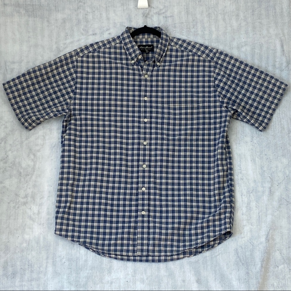 Eddie Bauer Short Sleeve Shirt Mens Large 100% Cotton Button Down Blue Plaid